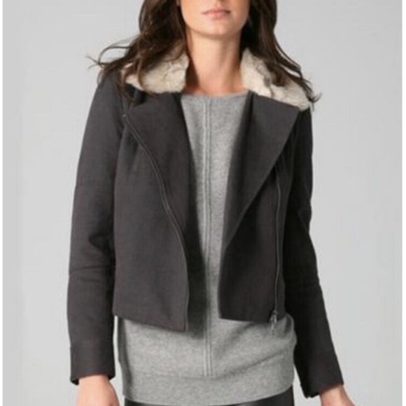 CLUB MONACO Fitted Grey Aviator Cotton Jacket, Faux Fur Collar, XS - Picture 4 of 5